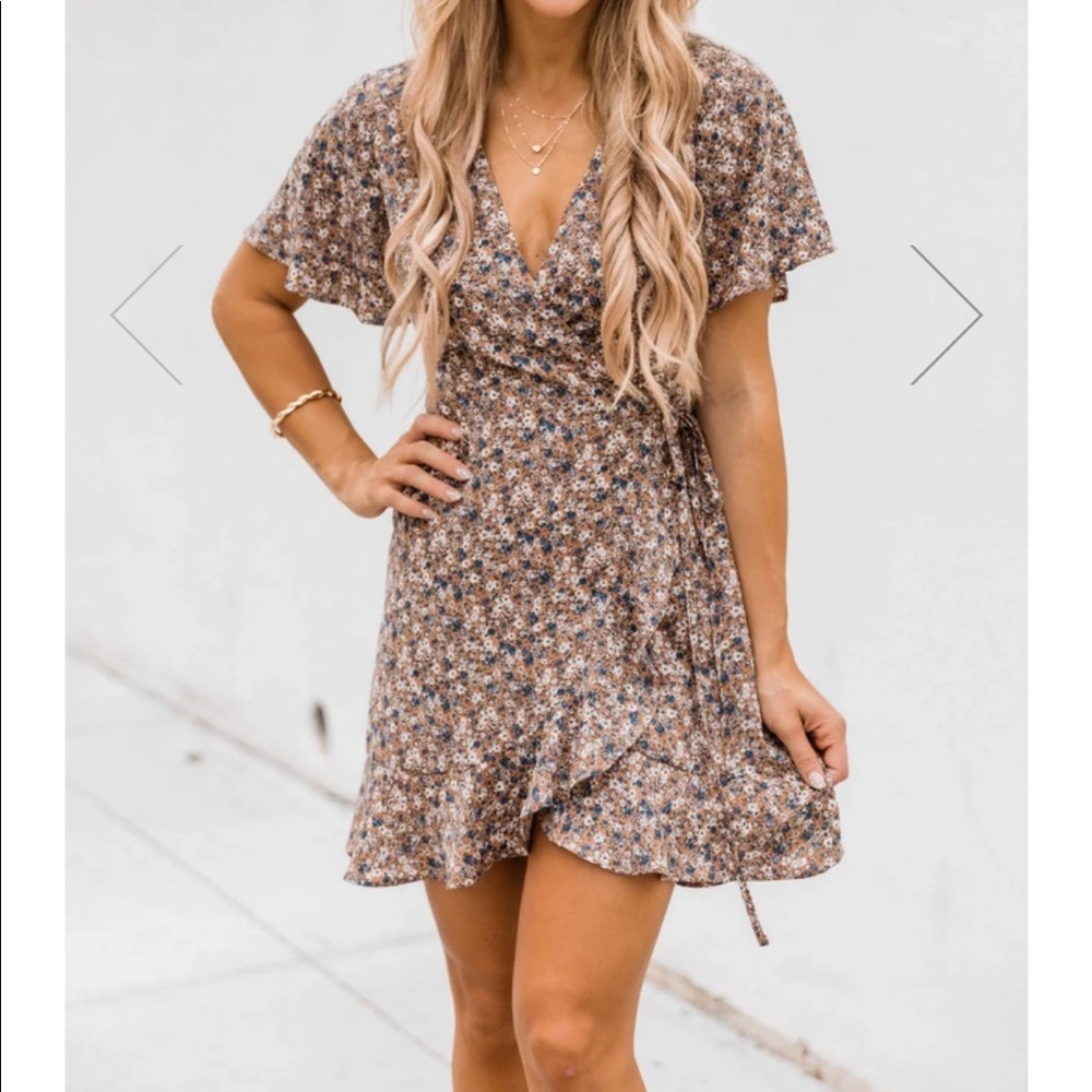 Taupe Floral Wrap Dress